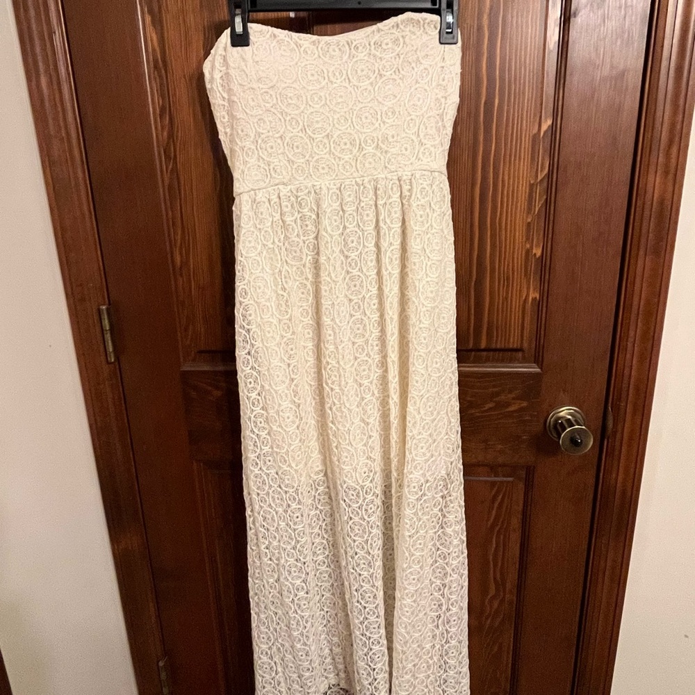 No Boundaries strapless ivory lace dress with cutout back detail
